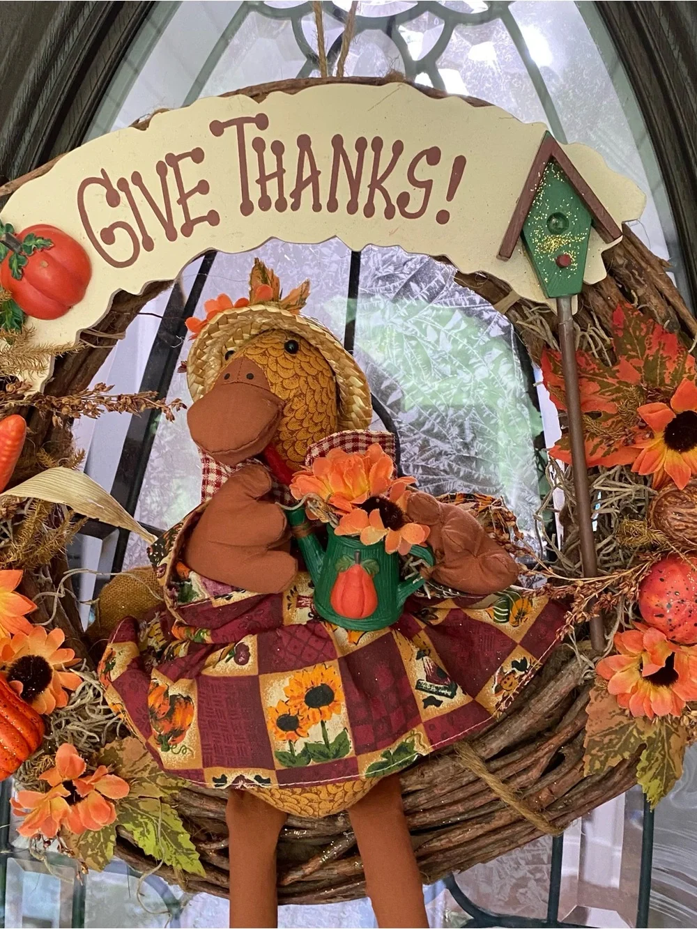 Give Thanks Fall Door Wreath - Orange Autumn Turkey